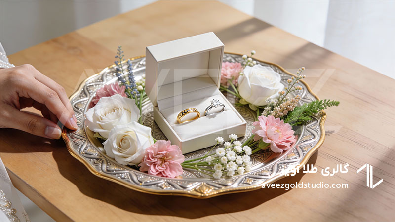 حلقه نشان و حلقه نامزدی در کنار سینی خواستگاری و گل